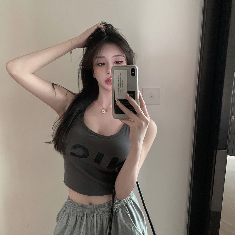 Cocory vn Áo Lửng Không Tay In Chữ Thời Trang Gợi Cảm Cho Nữ