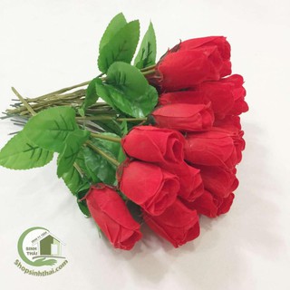 Cành hoa hồng giả - hoa vải lụa màu đỏ