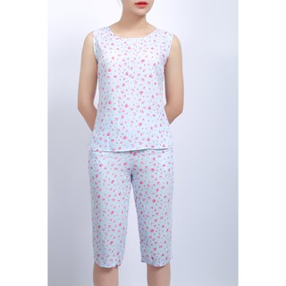Bộ mặc nhà lanh (tole) Vicci BN096.4 quần lửng áo sát nách, họa tiết hoa hồng nhí nền xanh