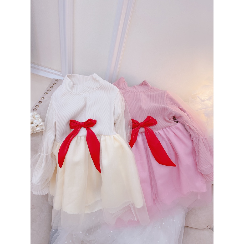 Váy thu đông bé gái, váy len nhung phối ren nơ đỏ chất siêu mềm cho bé