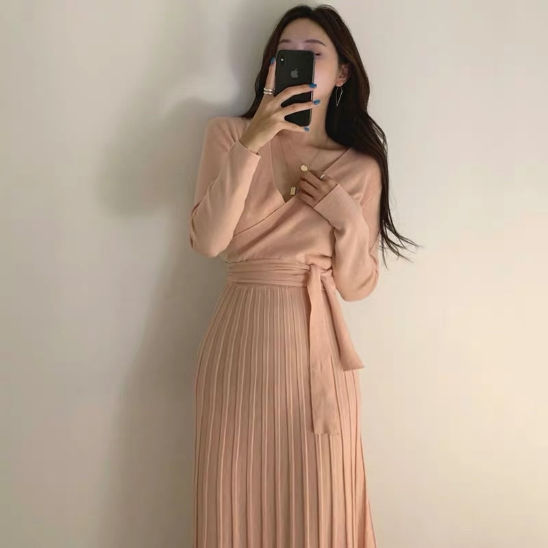 Váy len nữ Ulzzang Hàn Quốc BORA SHOP vạt chéo cổ chữ V co giãn order