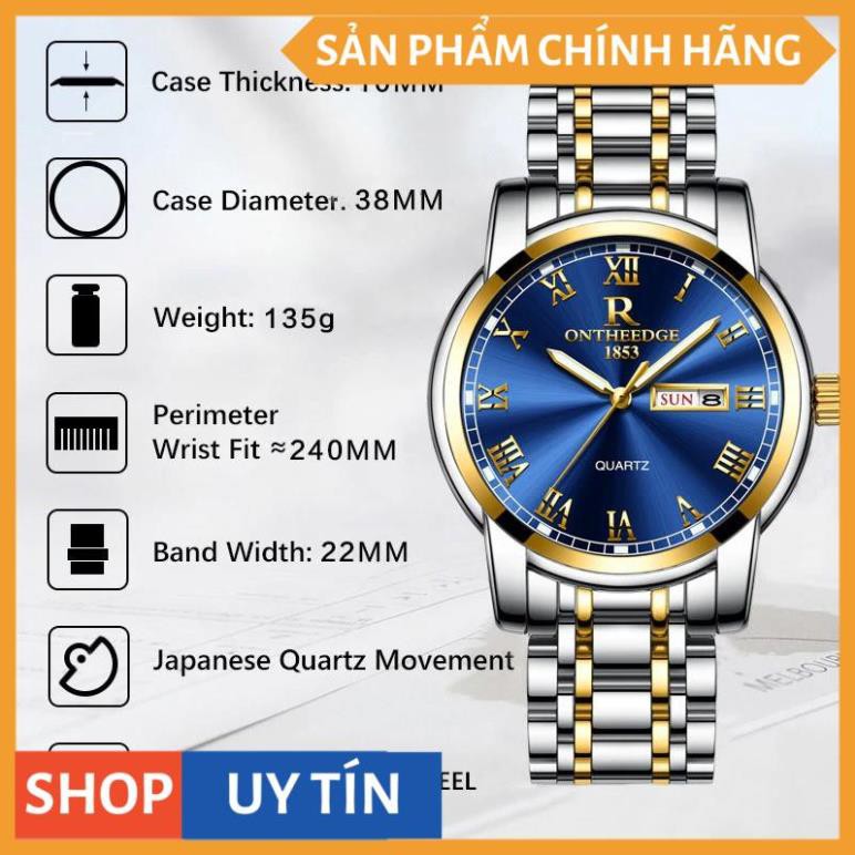 ĐỒNG HỒ NAM R-ONTHEEDGE KÍNH TRÁNG SAPPHIRE DÂY KIM LOẠI KHÔNG GỈ + TẶNG KÈM PIN CAO CẤP