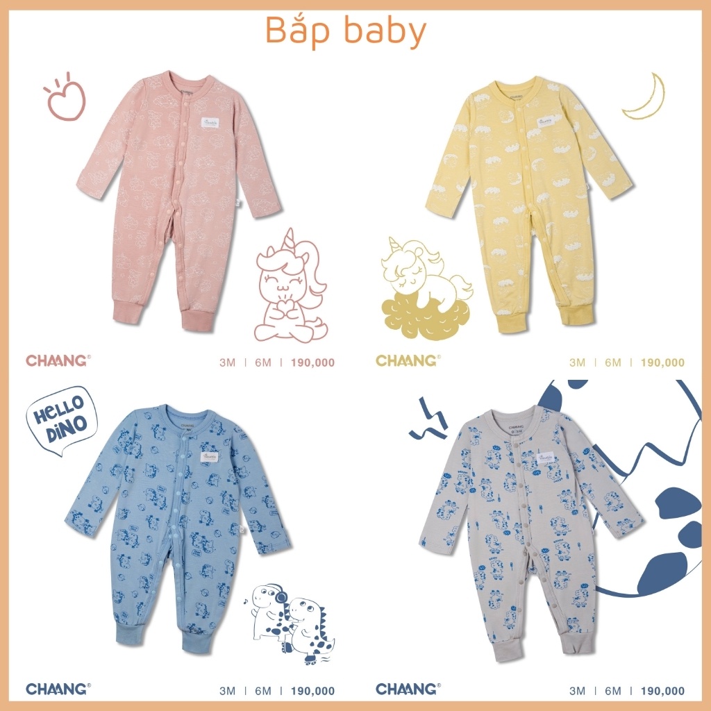 Bộ body cho bé CHAANG sơ sinh dài tay cúc giữa bé trai và bé gái PONY &amp; DINO