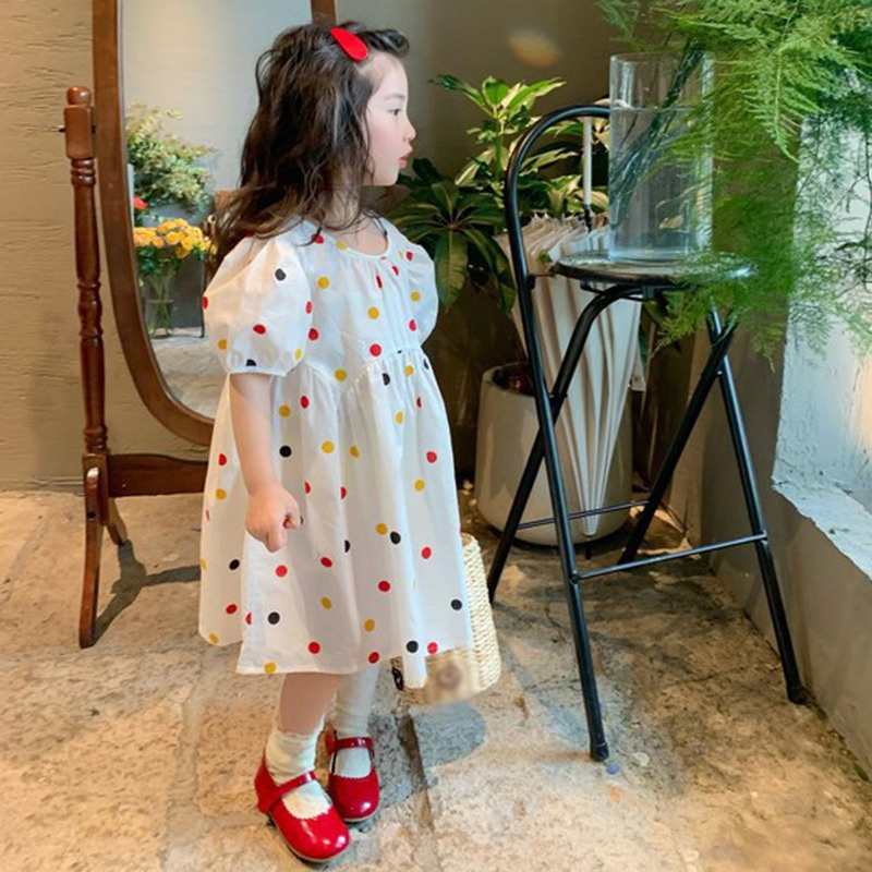Đầm Công Chúa Tay Phồng Cổ Tròn Họa Tiết Chấm Bi Nhiều Màu Xinh Xắn Cho Bé Gái