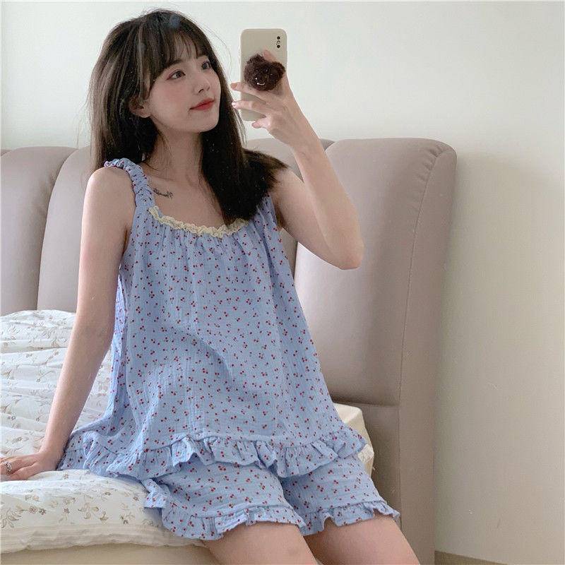 Có Bigsize Bộ Pijama Hai Dây Dễ Thương Vải Đũi Cực Mát