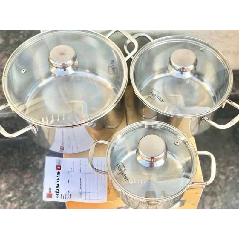 Bộ nồi inox 3 đáy FIVESTAR nắp kiếng 16/20/24 quai đũa inox 430