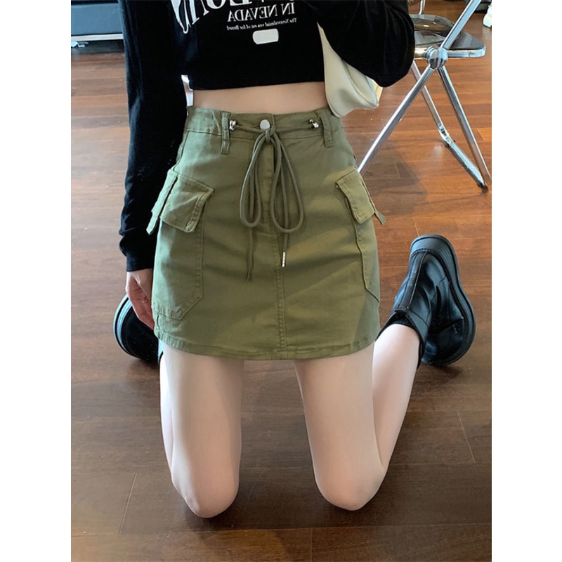 Chân Váy Denim Lưng Cao Phối Dây Rút Thời Trang Mùa Hè Cho Nữ