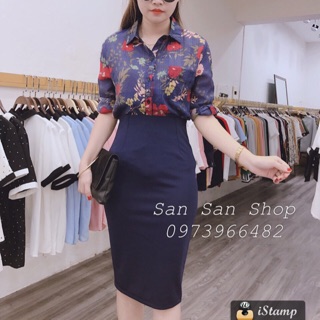 Set áo hoa chân váy bút chì