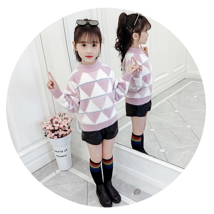 Áo len lót lông họa tiết tam giác phối màu bé gái lớn size 16-42kg (HÀNG QCCC)