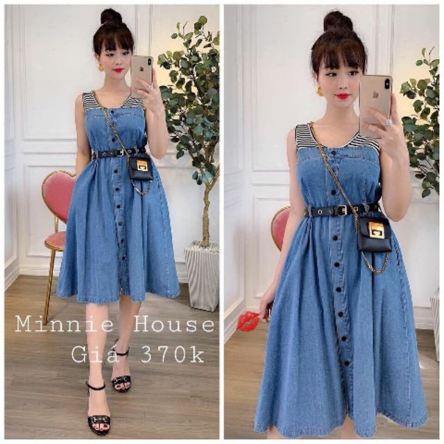 Đầm xòe jean cổ Phối sọc nút nhập QC