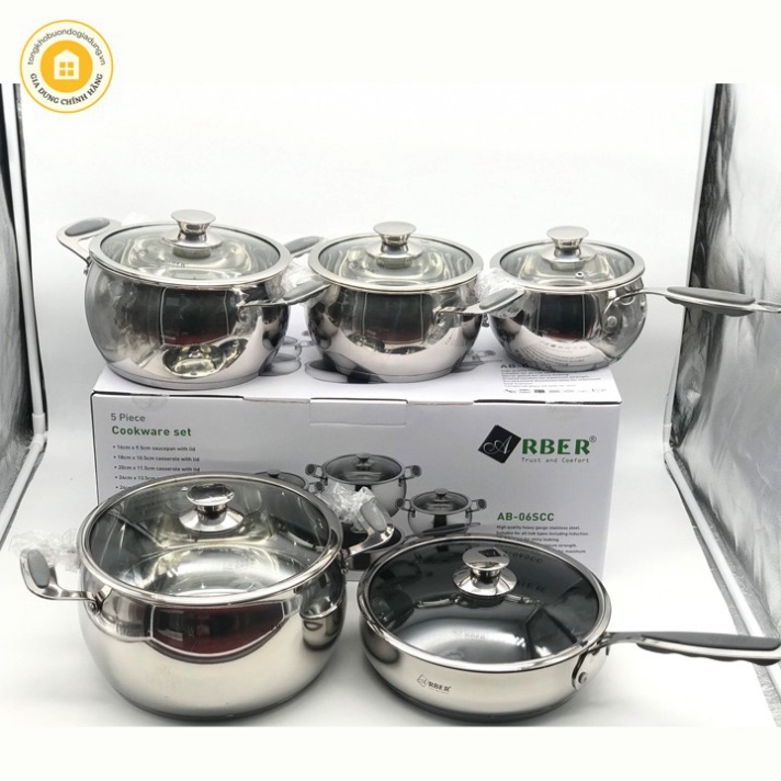 Bộ Nồi ARBER 5 Món Cao Cấp AB-06SCC - Có Nắp Vung Kính