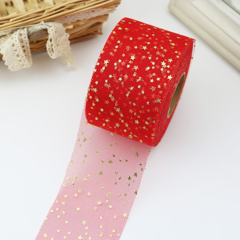 Dây ruy băng vải lưới phối ren sao cỡ 6cm (50 / 10 thước Anh) dùng trang trí gói quà