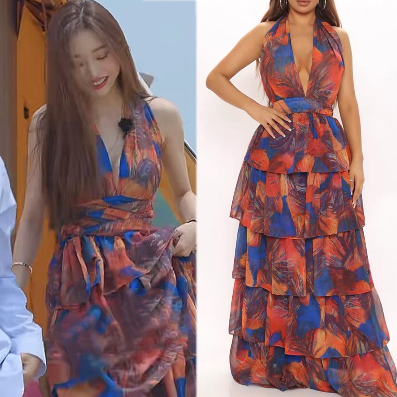 Đầm yếm sát nách không có tay hoa bông dài maxi cổ chữ V khoét ngực dạo biển đi tiệc idol Song Ji A sexy ulzzang