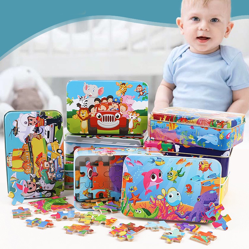 Xếp Hình Cho Bé - Tranh Ghép 60 Miếng Chủ Đề Hoạt Hình Yêu Đựng Trong Hộp Thiếc Tiện Lợi
