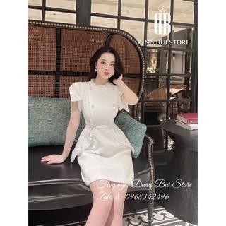 Đầm dạ chữ A tay phồng phối nút