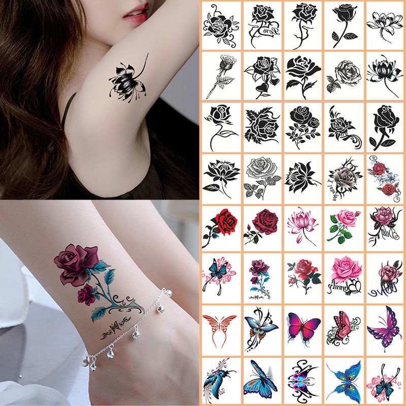 SET 15 Hình Xăm Dán 3d Hình Hoa Hồng / Bướm Không Đau Kháng Nước Lâu Trôi Dễ Sử Dụng Cho Học Sinh