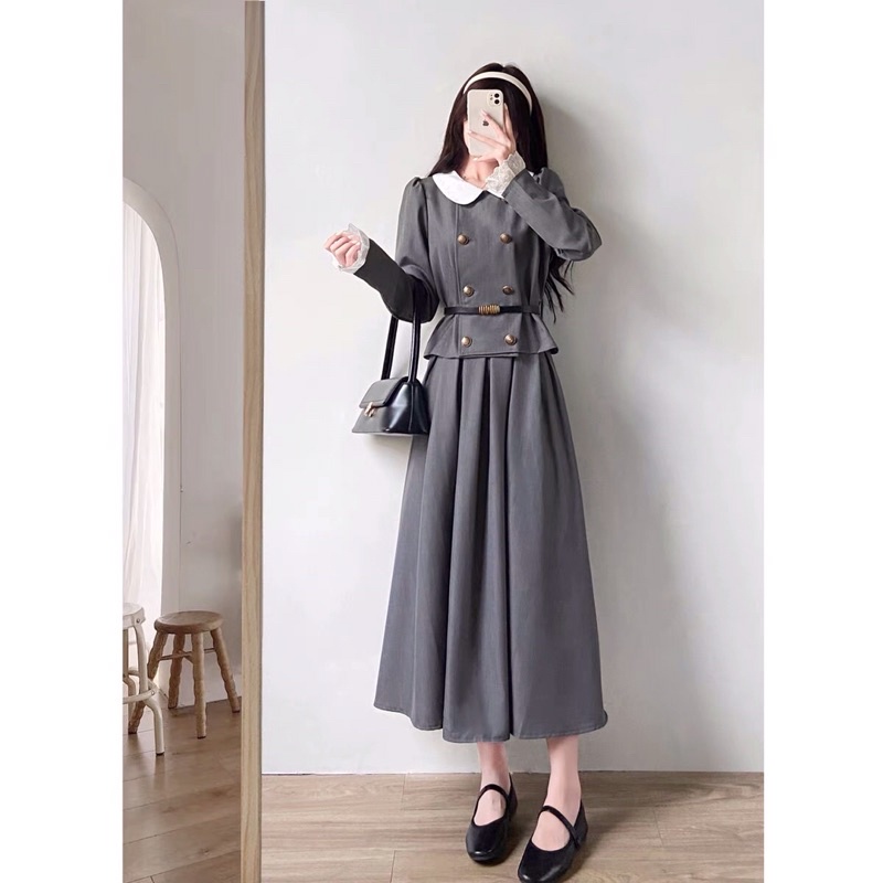 Set áo sơ mi vest cổ sen phối ren + chân váy dài xếp ly kèm belt