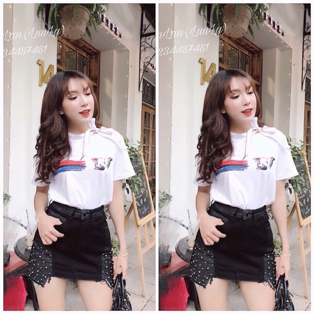 SET ÁO THUN PHỐI CHÂN VÁY JEAN ĐÍNH HẠT