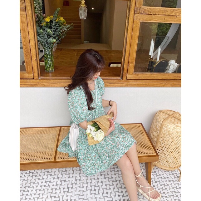 Váy babydoll hoa nhí xanh buộc nơ lưng xinh xắn - Đầm babydoll dáng xoè hoa nhí xanh nơ lưng Pea Store