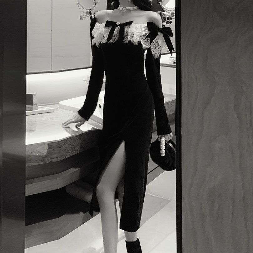 Hàng Có Sẵn!F &amp; X Hàng Có Sẵn Đầm Nhung Dài Tay Màu Đen Hở Vai Phong Cách Retro Pháp 2022 Cao Cấp Dành Cho Nữ