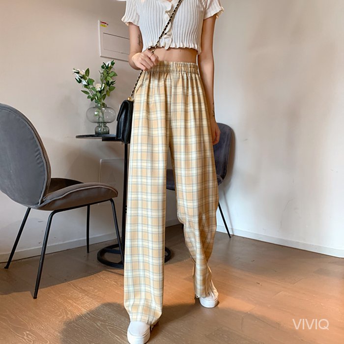 [Spot]   Pants for Women Summer Thin2021New straight loose casual plaid trousers mopping the floor high waist wide leg pants