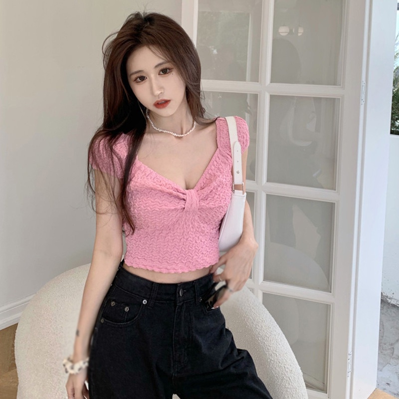 Áo Thun Tay Ngắn Cổ Chữ V Màu Sắc Đơn Giản Phong Cách Hàn Quốc Cho Nữ