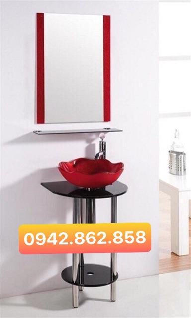 BỘ CHẬU RỬA LAVABO THUỶ TINH ĐỎ ĐEN KIM TUYẾN HOPU-109