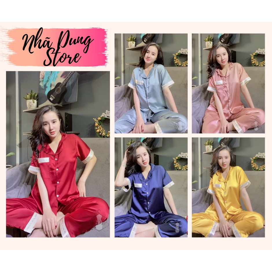 &lt;A15&gt; Đồ bộ nữ mặc nhà dài vải lụa satin cao cấp tay viền chữ ký mềm mát dễ thương dưới 55kg
