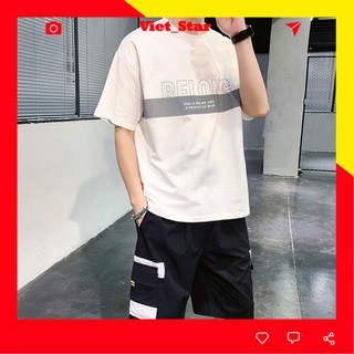 Bộ quần áo nam thể thao cộc tay mặc mùa hè in chữ phản quang BELONG, chất thun lạnh 2 màu đen/trắng VST