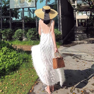 (Ảnh thật) Váy đầm maxi lông vũ hở lưng 2 dây dáng dài cổ V màu hồng, trắng mang đi biển siêu sang