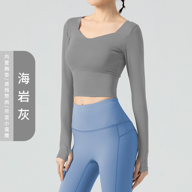 Aó Tập Gym Nữ Thun Lạnh Dài Tay Cao Cấp, Áo thun lụa tay dài cổ vuông ôm body, Áo Thun Thể Thao Tay Dài Dáng Ngắn Có Đệm Ngực Và Đệm Ngực Lưng Cho Nữ Tập yoga