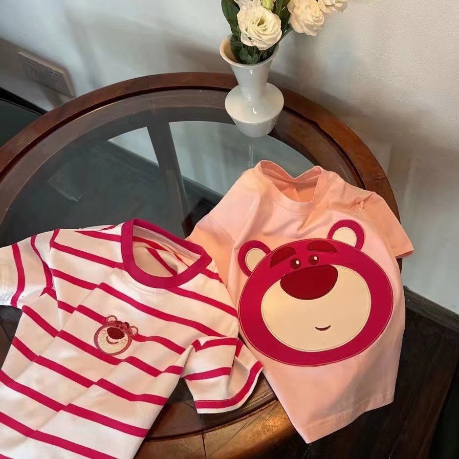 Áo Thun Cotton Tay Ngắn Họa Tiết Kẻ Sọc Thêu Hình Quả Dâu/Gấu Phong Cách Mới Mùa Hè Cho Bé Gái