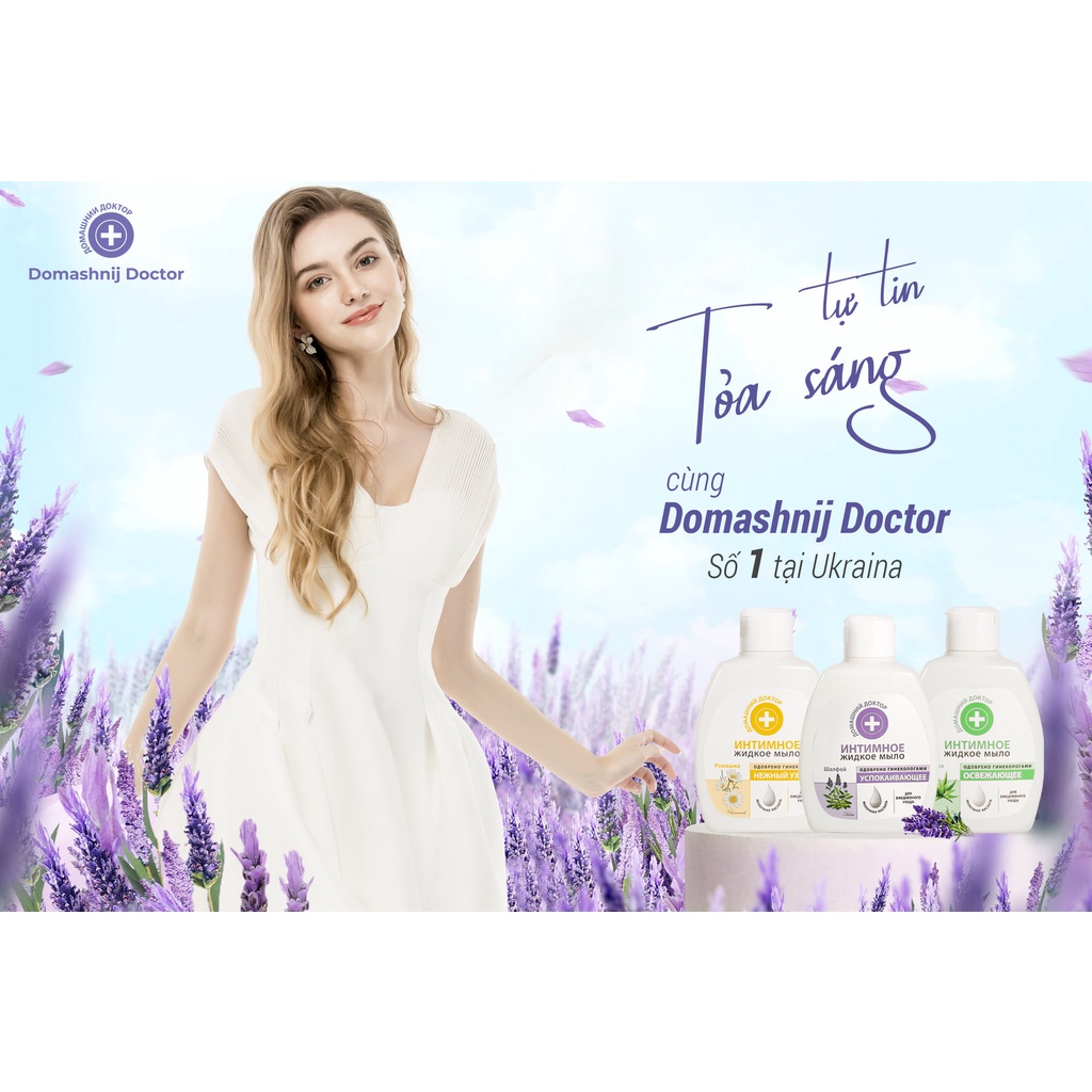 Dung Dịch Vệ Sinh Phụ Nữ Domashnij Doctor Làm Dịu Da Cân Bằng pH Chiết Xuất Cây Xô Thơm, Hoa Cúc Lactic Acid 200ml