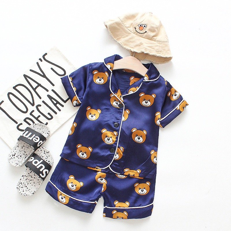 Bộ Pijama Cộc Tay Hình Gấu Chất Lụa Cho Bé Trai Và Bé Gái MINKY SUN Từ 7 - 27kg