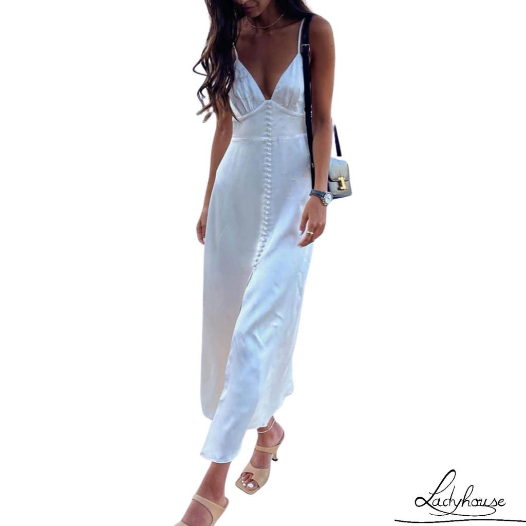 Đầm Dài Hai Dây Cổ Chữ V Màu Sắc Trơn Xẻ Tà Lưng Cao Thời Trang Cho Nữ