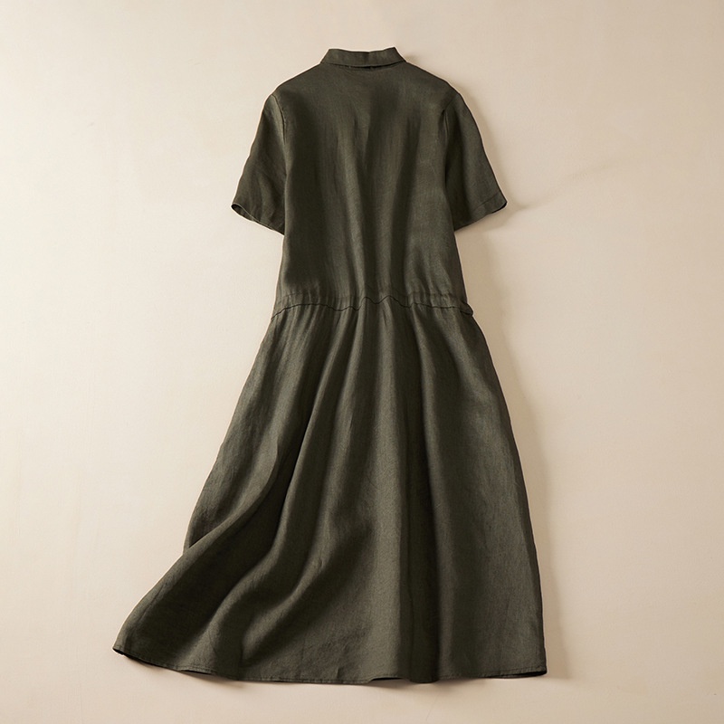 Đầm sơ mi ulzzang suông nữ, Đầm linen thời trang hè nữ kèm đai eo màu xanh rêu