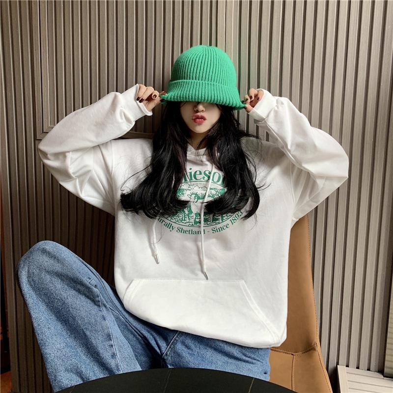 Áo Hoodie Form Rộng Họa Tiết In Theo Phong Cách Preppy Dễ Phối Đồ