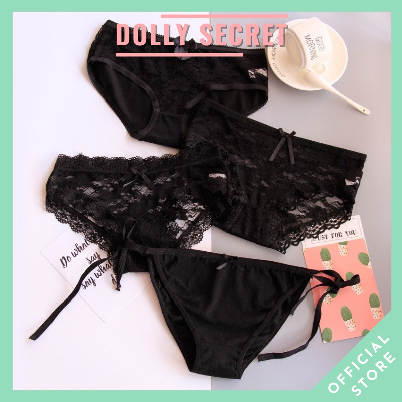 [Mã WASTUP24 giảm 10K đơn 50K] Hộp 4 Quần lót nữ chất liệu cotton kháng khuẩn nâng mông màu đen pha ren DOLLY SECRET