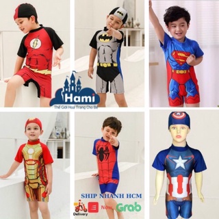 Đồ bơi siêu nhân cho bé trai liền thân, liền quần cộc tay, tay ngắn kèm mũ, nón trùm đầu 15kg đến 35kg