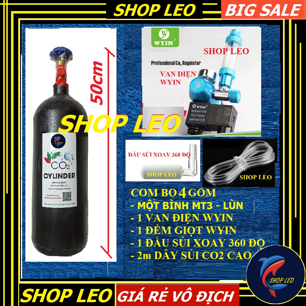 Bình Co2 (3Kg) &quot;LÙN&quot; Full Bộ Van Điện- Trọn bộ bình Co2 MT3 (3kg) - bình MT3 thủy sinh - phụ kiện thủy sinh - Shopleo