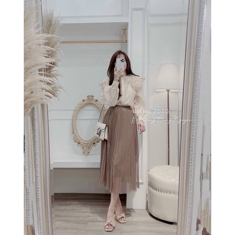 Chân váy xếp ly dài hàng QC, Chân váy maxi lưới lụa cạp chun CV1550 - NhiNhi Shop