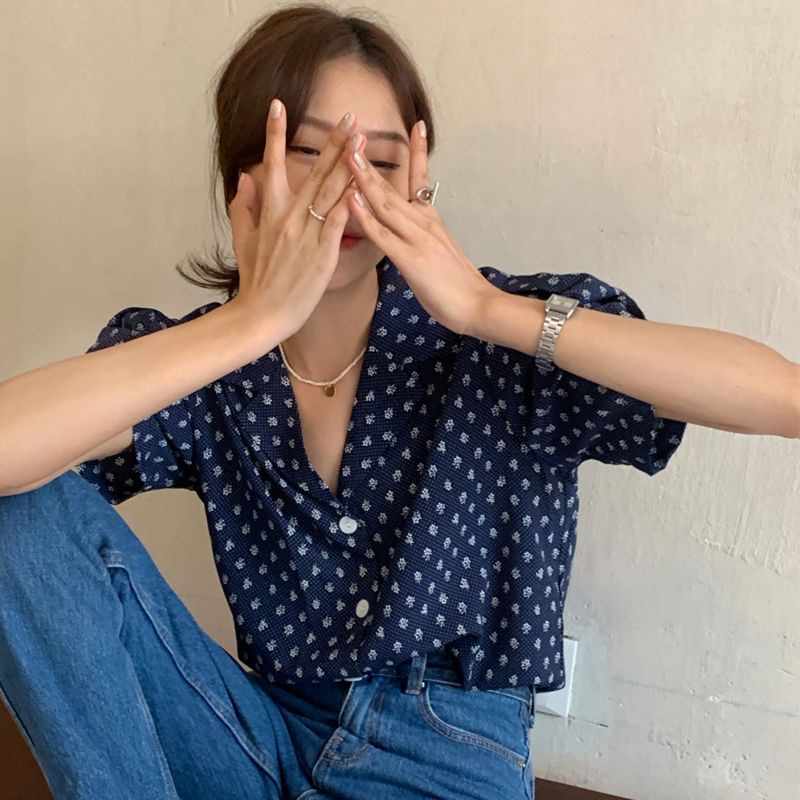 SUXI Áo Sơ Mi Tay Ngắn Phồng Cổ Chữ V Họa Tiết Chấm Bi Thời Trang Mùa Hè Cho Nữ