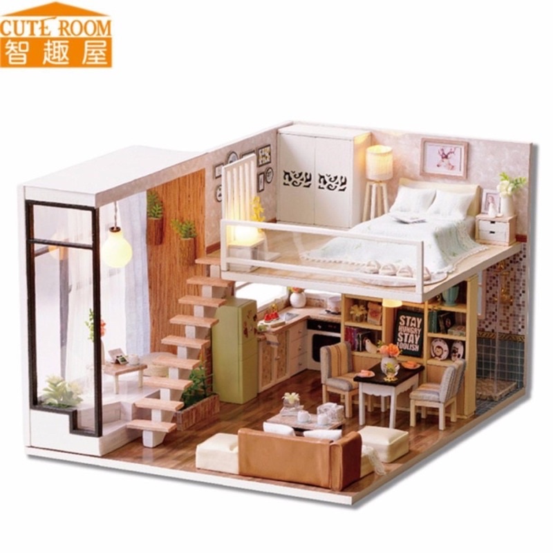 Mô hình căn hộ cuteroom _ Mô hình nhà gỗ tự lắp ghép DIY (Tặng mica chắn bụi và keo)