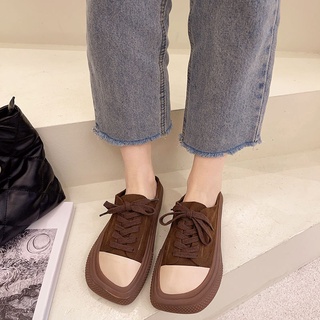 Mango Mũi Vuông Ren-Up Ngón Chân Nửa Dép Sinh Viên Flat Slip-On Giày Trắng Giày Vải