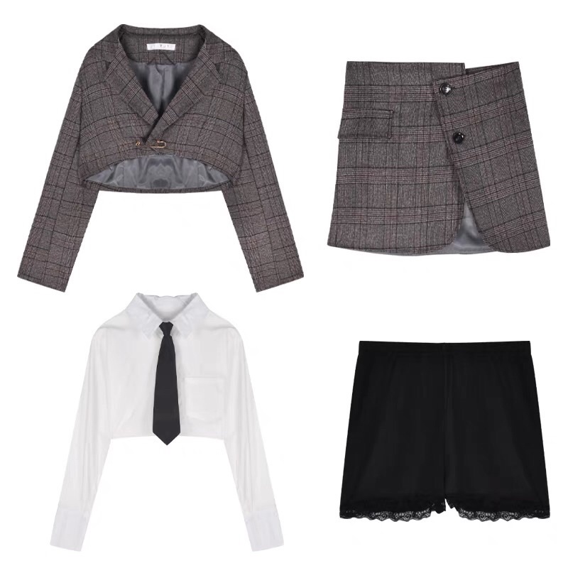 TKLIHN Set váy VEST kẻ Caro ulzzang Áo khoác BLAZER croptop kẻ caro RETRO + chân váy chữ A vạt chéo 2021 | BigBuy360 - bigbuy360.vn