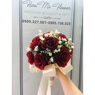 HOA CƯỚI CẦM TAY CÔ DÂU HOA HỒNG NHŨ ĐỎ ĐIỂM BABY TẶNG KÈM HOA CÀI ÁO CHÚ RỂ XU HƯỚNG CƯỚI