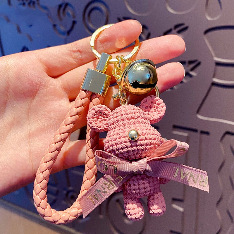 Móc khóa Bearbrick đeo nơ chất liệu PVC dây da nhiều màu sắc dễ thương trang trí balo túi xách, quà tặng bạn bè-Ráp