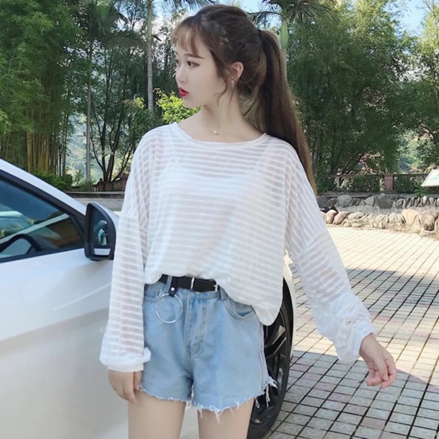 [ Sẵn Vàng & Trắng ] Áo thun mỏng tay dài sọc ngang ulzzang_Hình thật