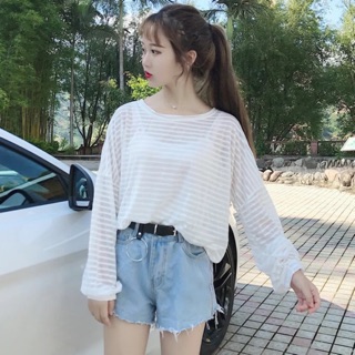 [ Sẵn Vàng & Trắng ] Áo thun mỏng tay dài sọc ngang ulzzang_Hình thật