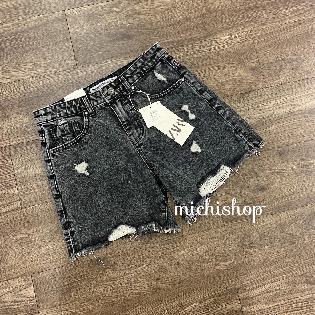 Quần short jean rách cạp cao màu xám khói xuất xịn - 79Q09